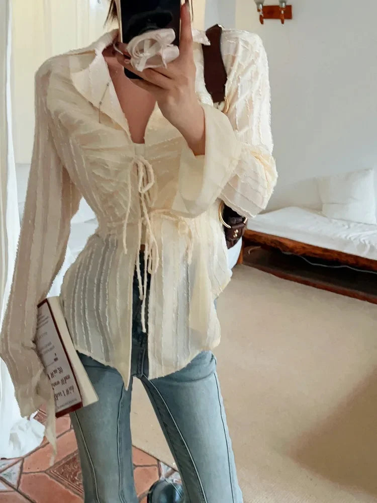 Moonlit Lace-Up Blouse - InDemandFinds