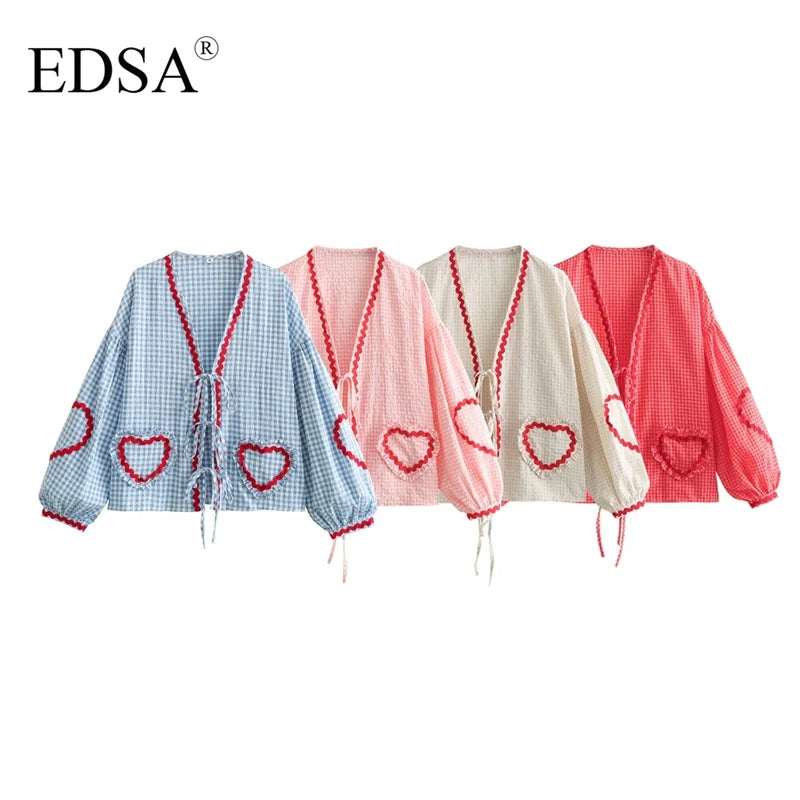 Charming Checkered Lace-Up Blouse - InDemandFinds