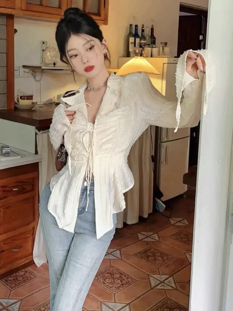 Moonlit Lace-Up Blouse - InDemandFinds