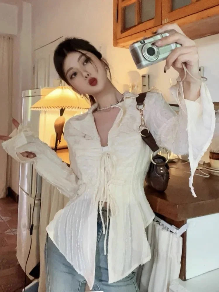 Moonlit Lace-Up Blouse - InDemandFinds