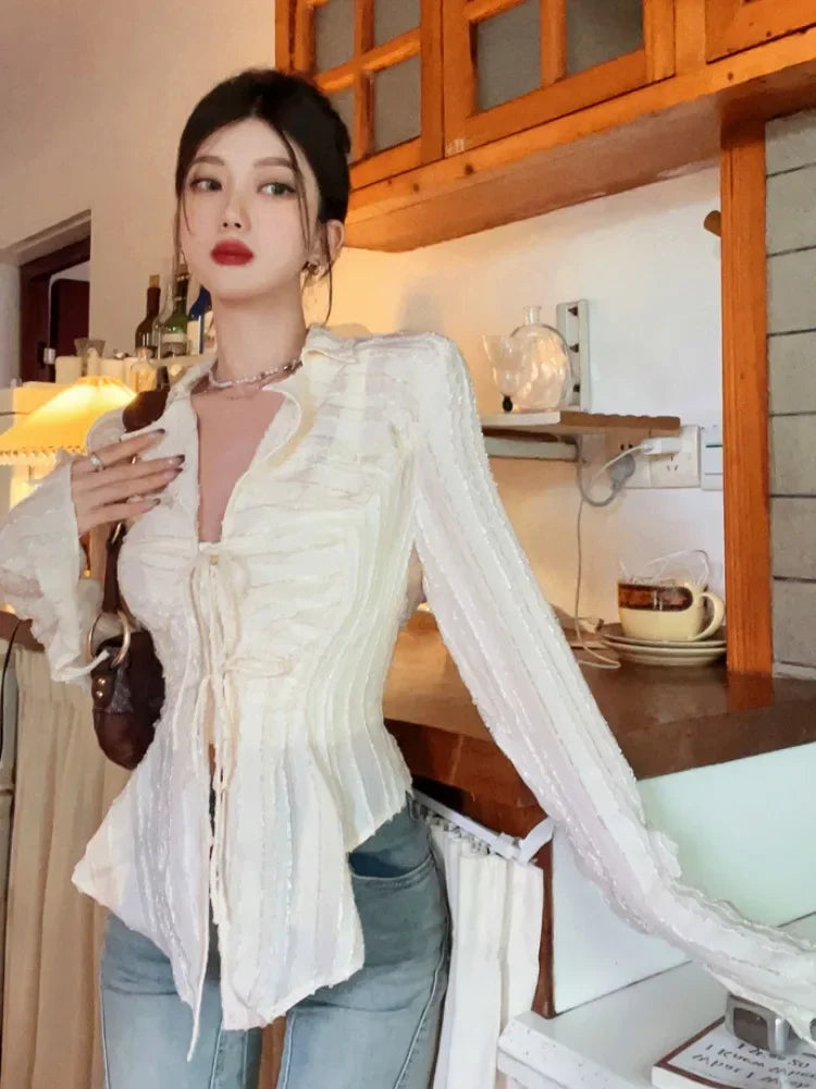 Moonlit Lace-Up Blouse - InDemandFinds